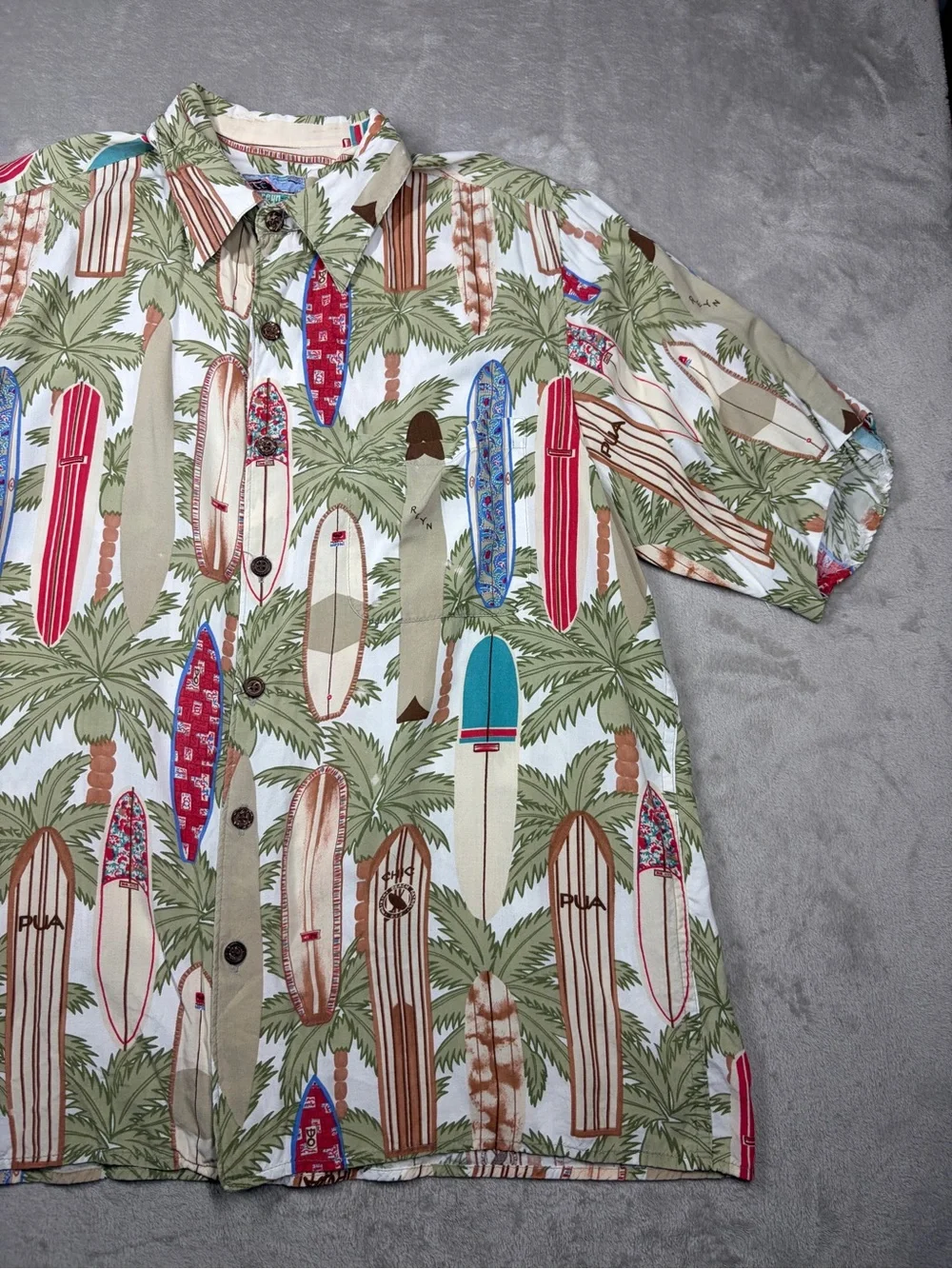 Vintage Reyn Spooner Hawaiian Surfboard Tropical White Cream Collared Shirt S